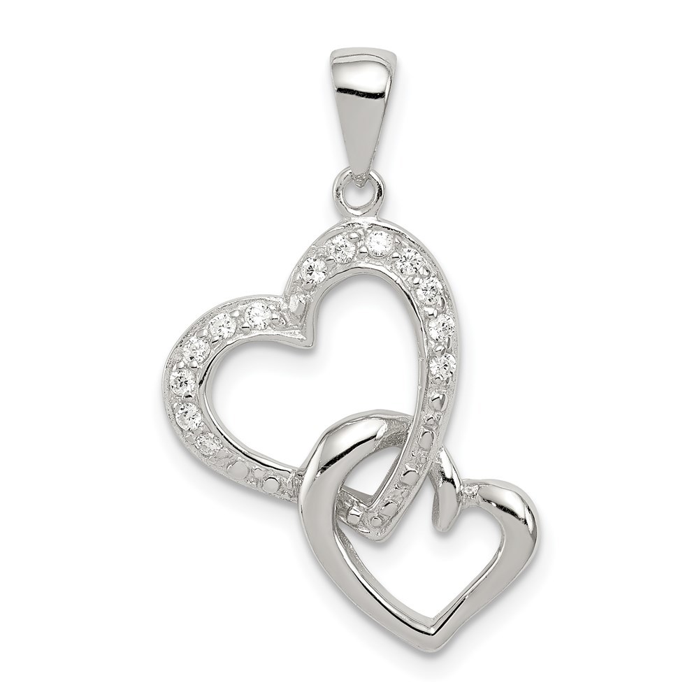 925 Sterling Silver Heart & CZ Double Heart Interconnected Necklace Pendant